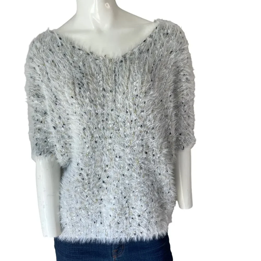 ROFFE Reversible Eyelash Knit Plunge V Neck Short Sleeve Fuzzy Gray Sweater L
